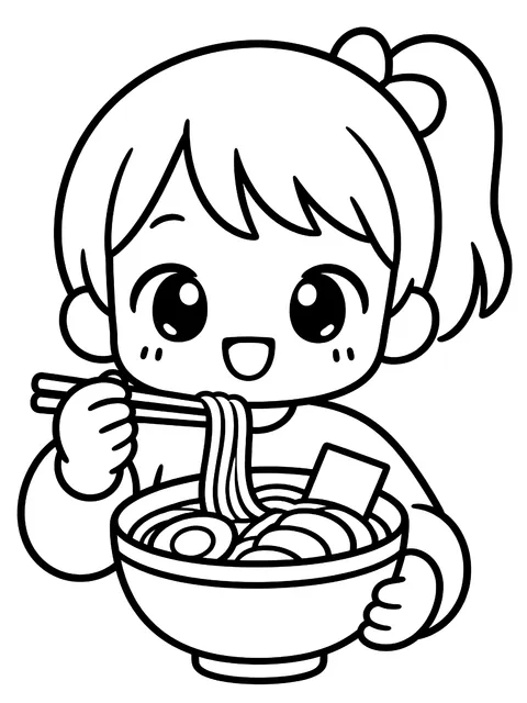 Easy Chibi girl with a bowl of ramen coloring page