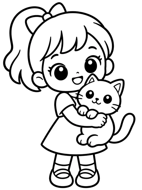 Easy Chibi girl holding a cat coloring page