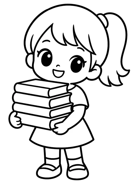 Easy Chibi girl with a stack of books coloring page