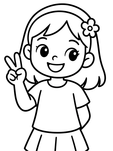 Easy Girl making a peace sign coloring page