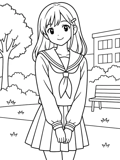 Girl in a sailor-collar school uniform coloring page