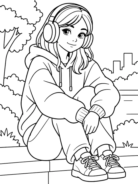 Girl in a hoodie with headphones coloring page