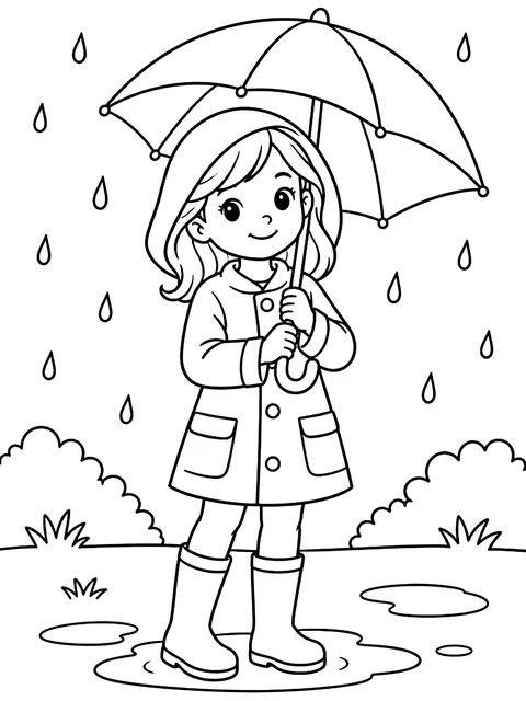 Girl in a raincoat with an umbrella coloring page