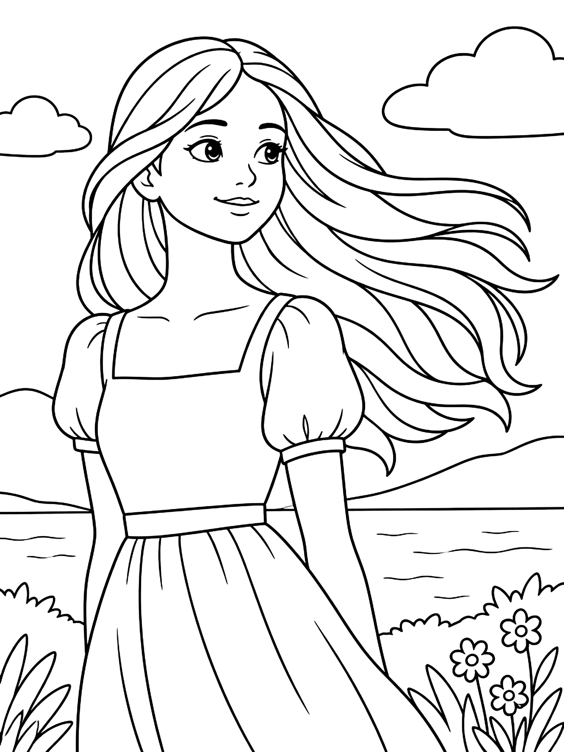 Girl with long hair in the wind coloring page