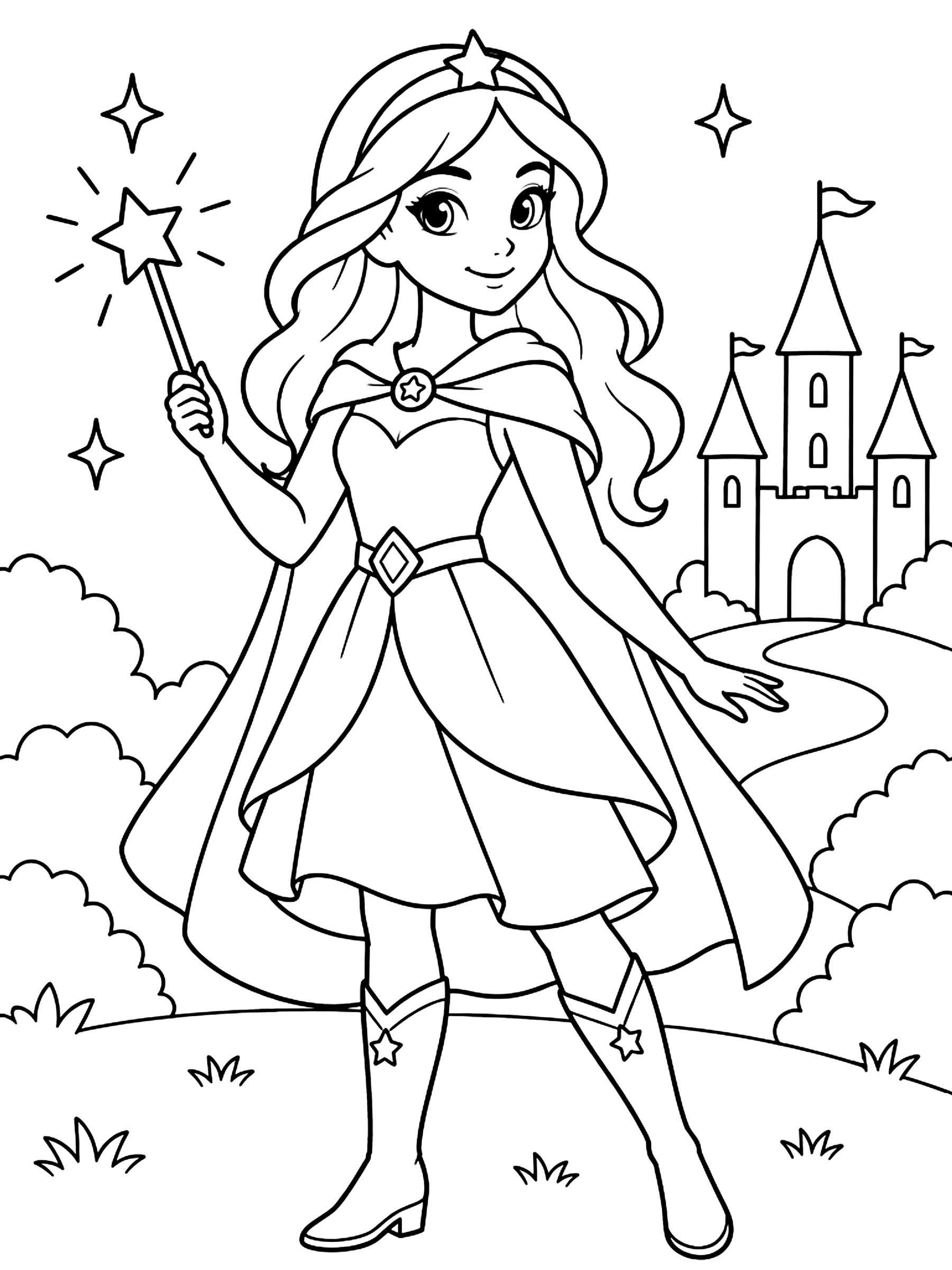 Magical heroine with a star wand coloring page