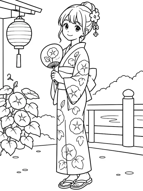 Girl in a summer yukata coloring page