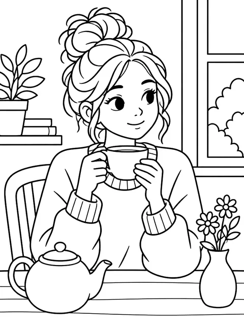 Girl with a messy bun drinking tea coloring page