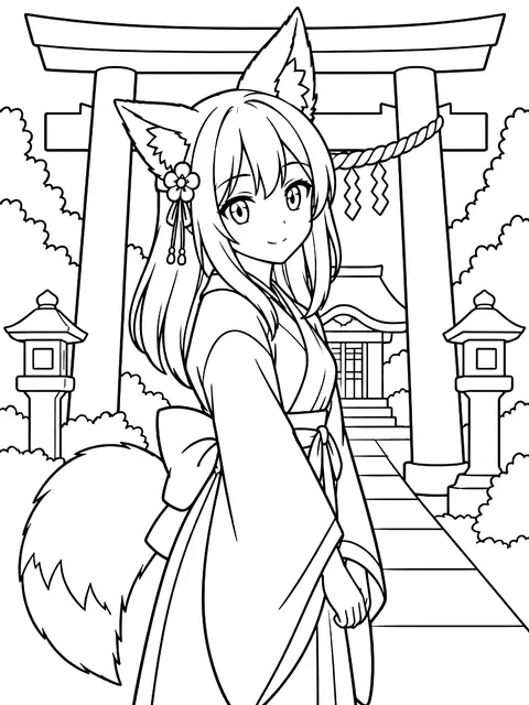 Fox-eared girl at a shrine gate coloring page