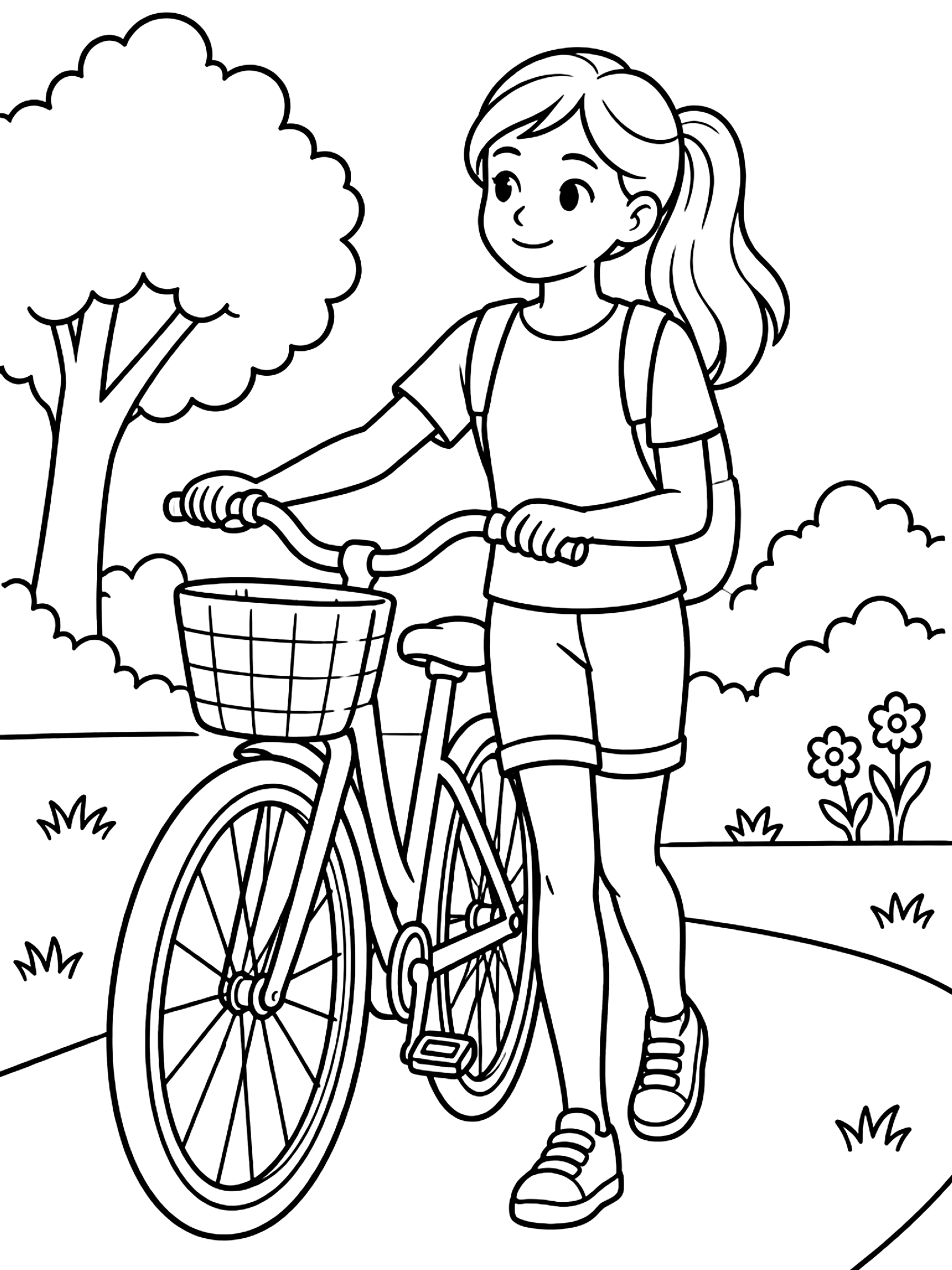 Girl walking a bicycle coloring page