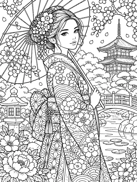 Detailed Girl in a patterned kimono coloring page