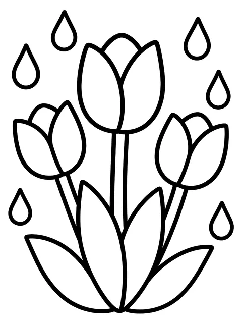 Easy April title page with raindrops and tulips coloring page