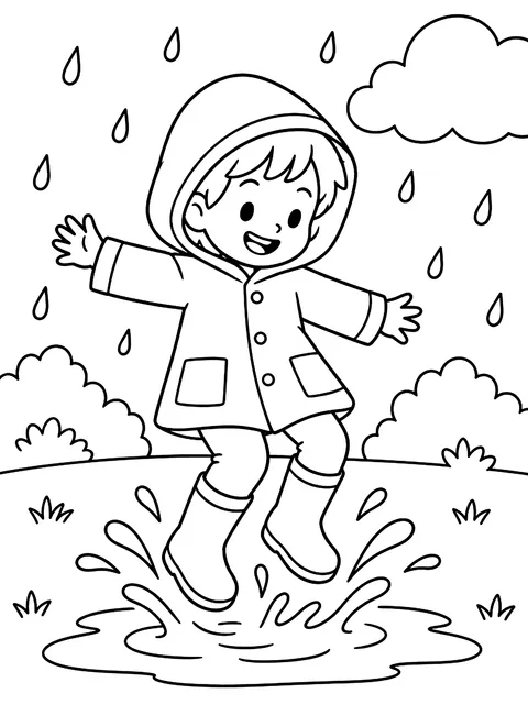 Kid in a raincoat jumping in a puddle coloring page