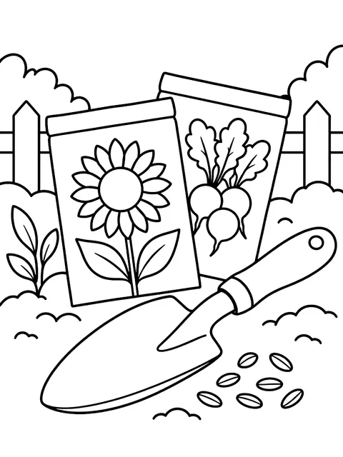 Seed packets and a trowel coloring page