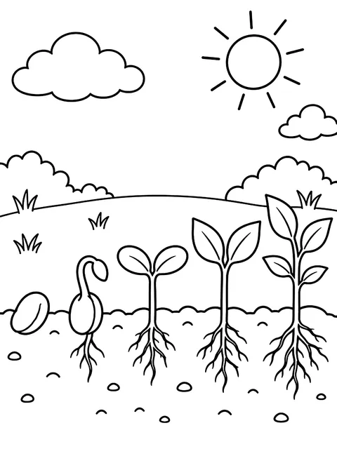 Row of sprouts with labels coloring page