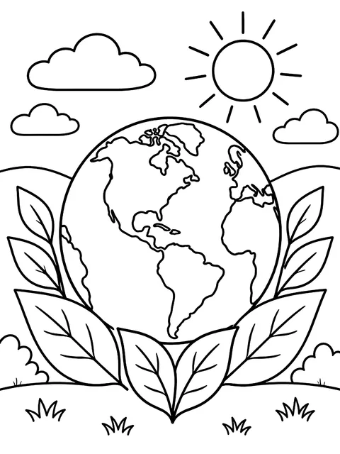 Globe with leaves for Earth Day coloring page