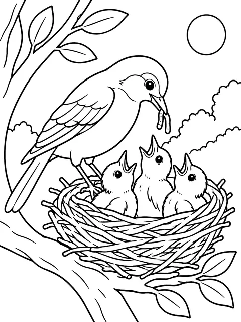Robin feeding chicks in a nest coloring page