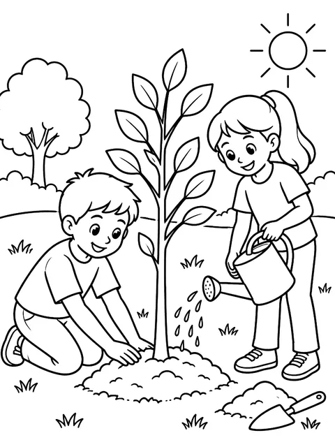 Planting a tree for Arbor Day coloring page