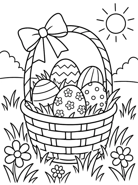 Easter basket in spring grass coloring page