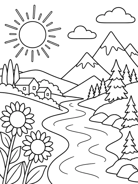 Warm and cool landscape coloring page
