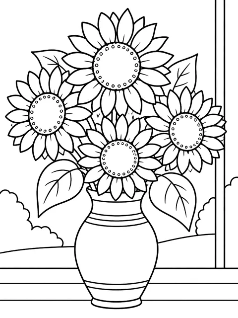 Vase of sunflowers coloring page