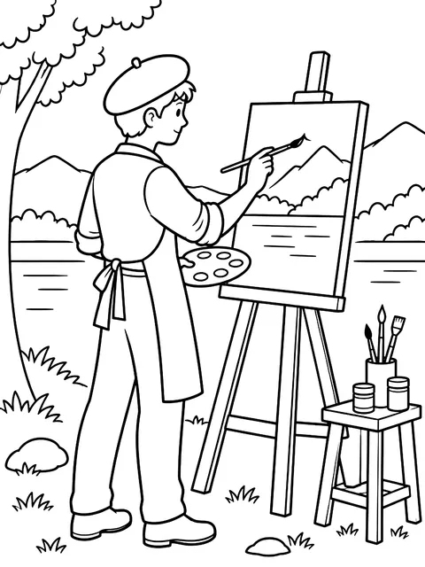 Painter at an easel coloring page