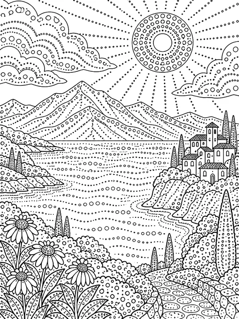 Detailed Dot painting landscape coloring page