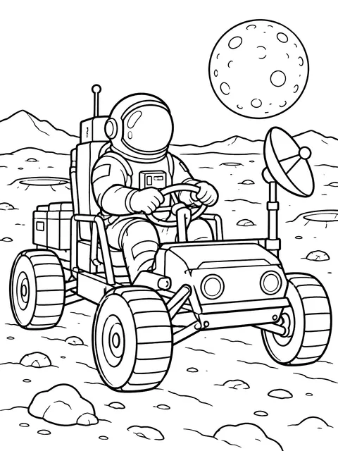 Astronaut driving a moon rover coloring page