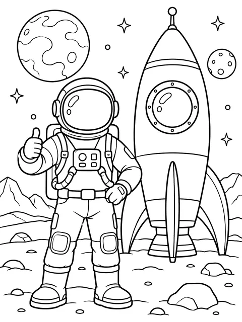 Astronaut standing beside a rocket coloring page