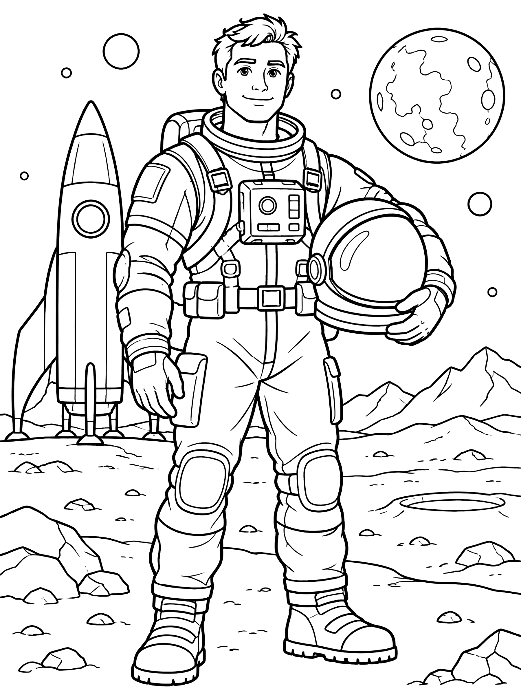 Astronaut portrait with a helmet under one arm coloring page