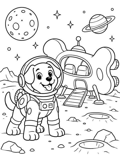 Dog astronaut with a bone-shaped ship coloring page