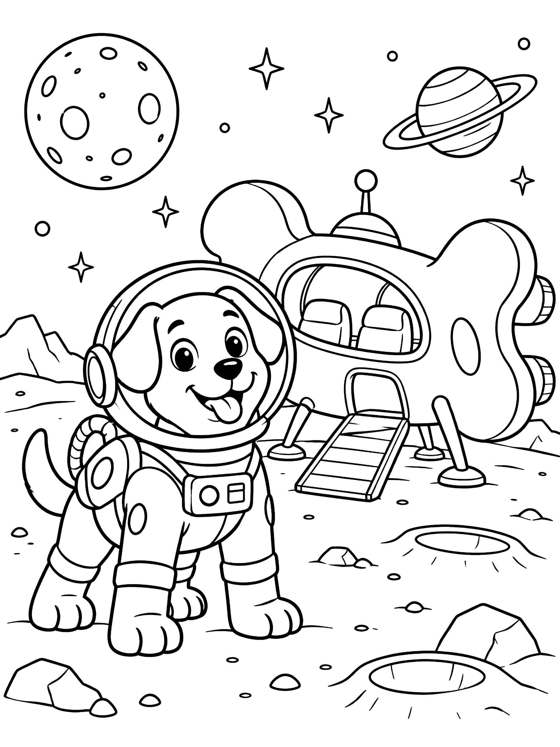 Dog astronaut with a bone-shaped ship coloring page