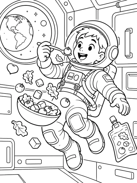 Astronaut eating floating food coloring page