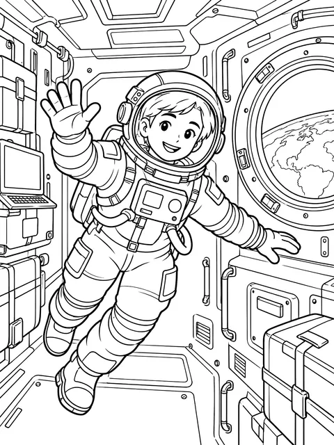 Astronaut floating inside the station coloring page