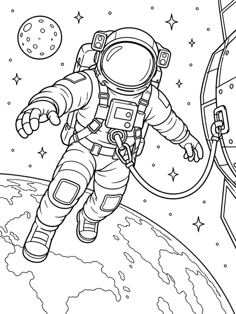 Astronaut on a spacewalk with a tether coloring page