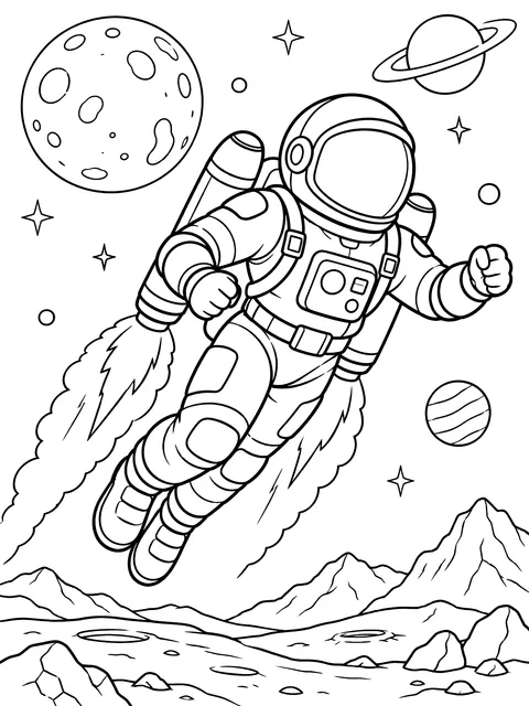 Astronaut flying with a jet backpack coloring page