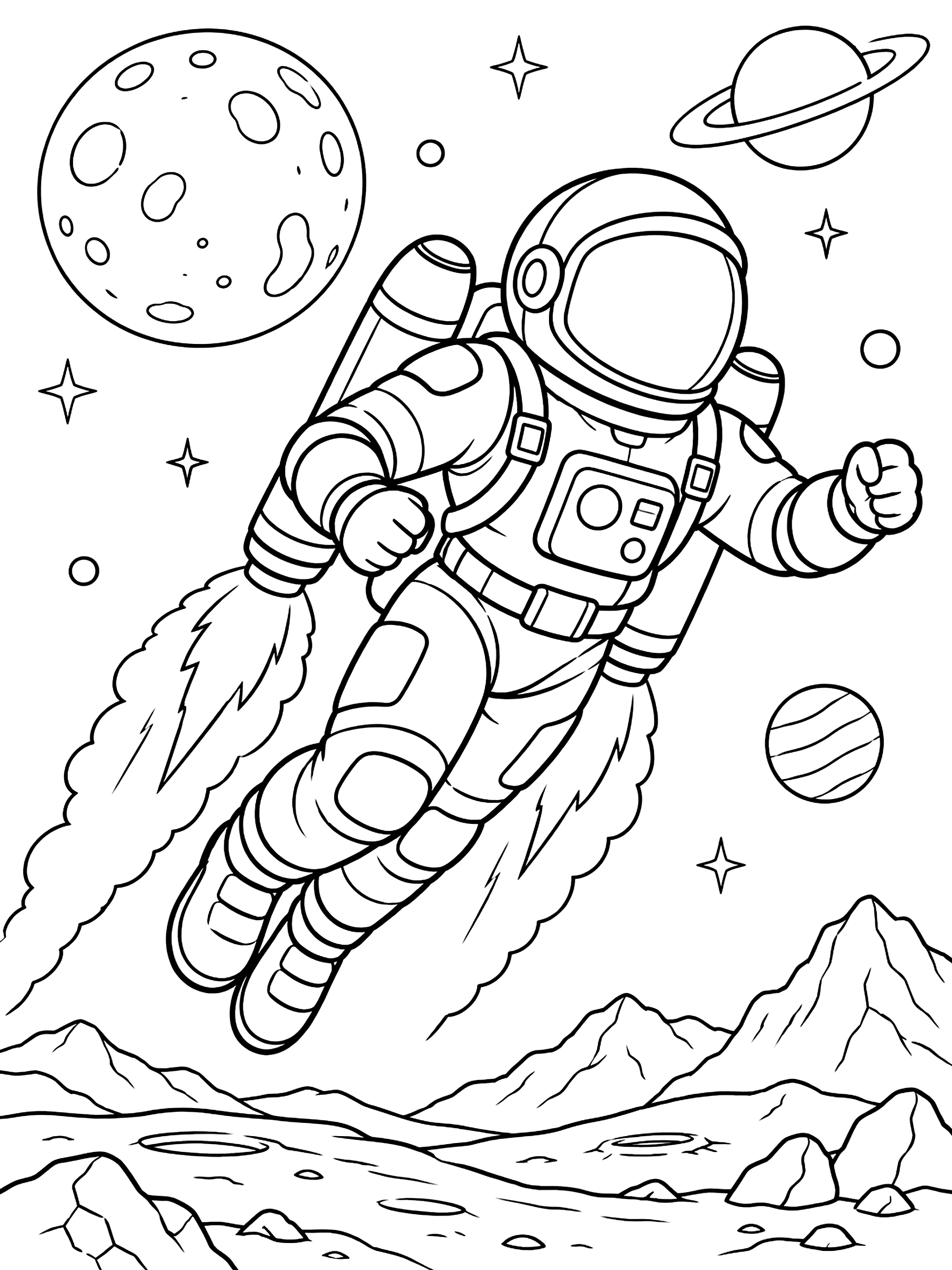 Astronaut flying with a jet backpack coloring page