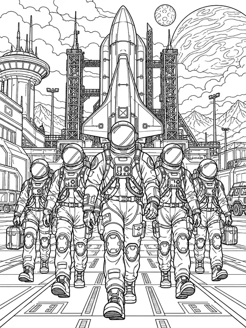 Detailed Crew walking out on launch day coloring page