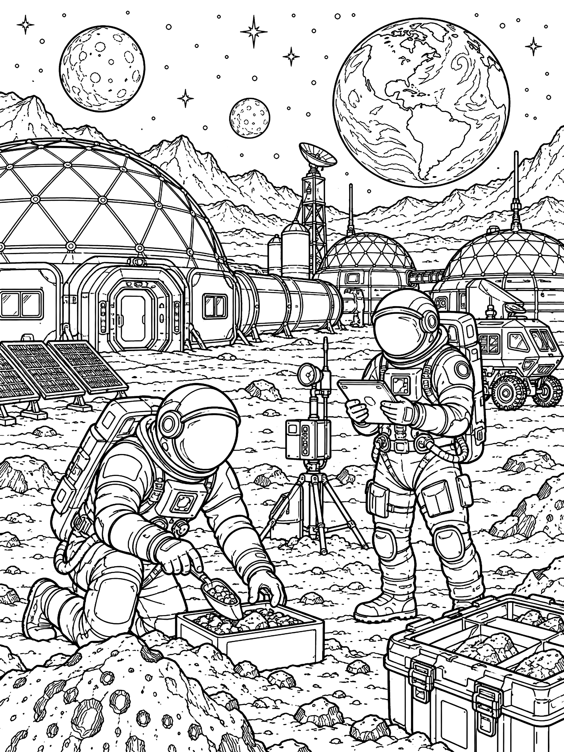 Detailed Astronauts at a moon base coloring page