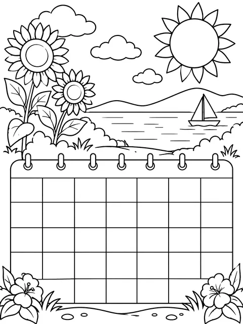 Blank August calendar grid coloring page