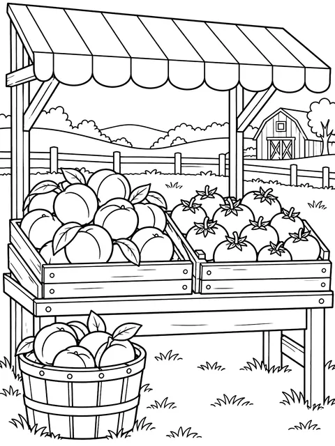 Farm stand with peaches and tomatoes coloring page