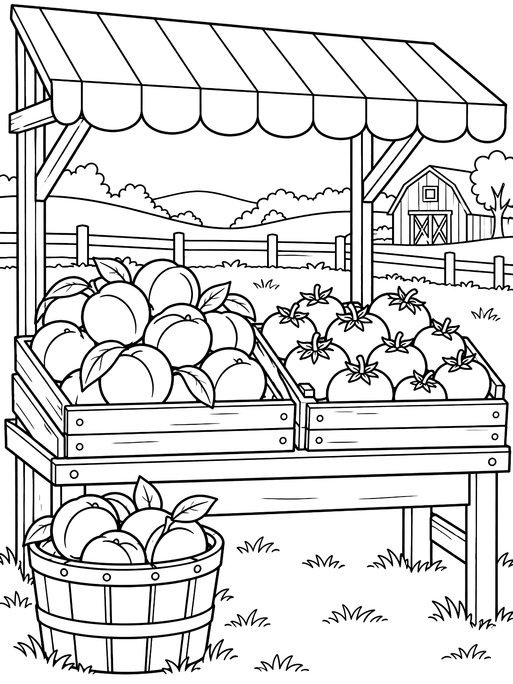 Farm stand with peaches and tomatoes coloring page