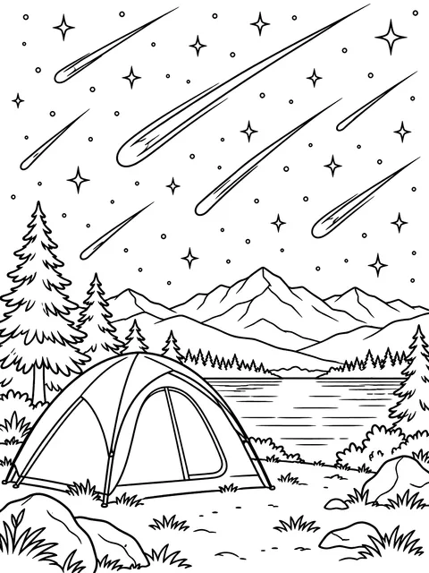 Meteor shower over a tent coloring page