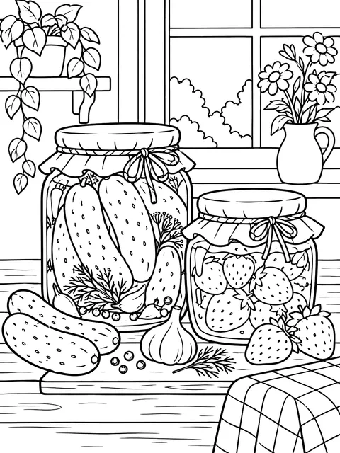 Jars of pickles and jam coloring page