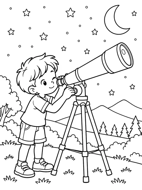 Kid looking through a telescope coloring page