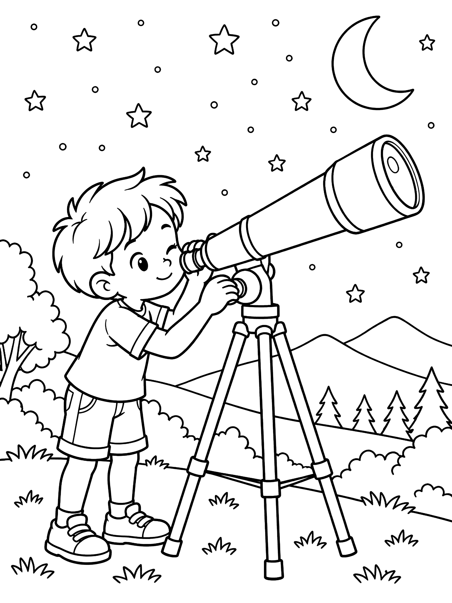 Kid looking through a telescope coloring page