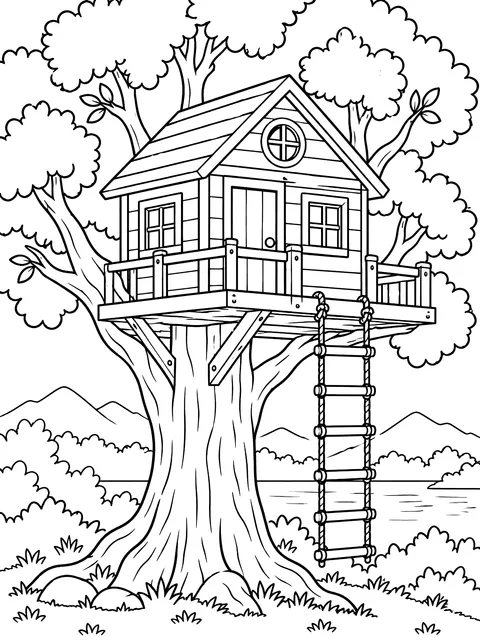 Tree house with a rope ladder coloring page
