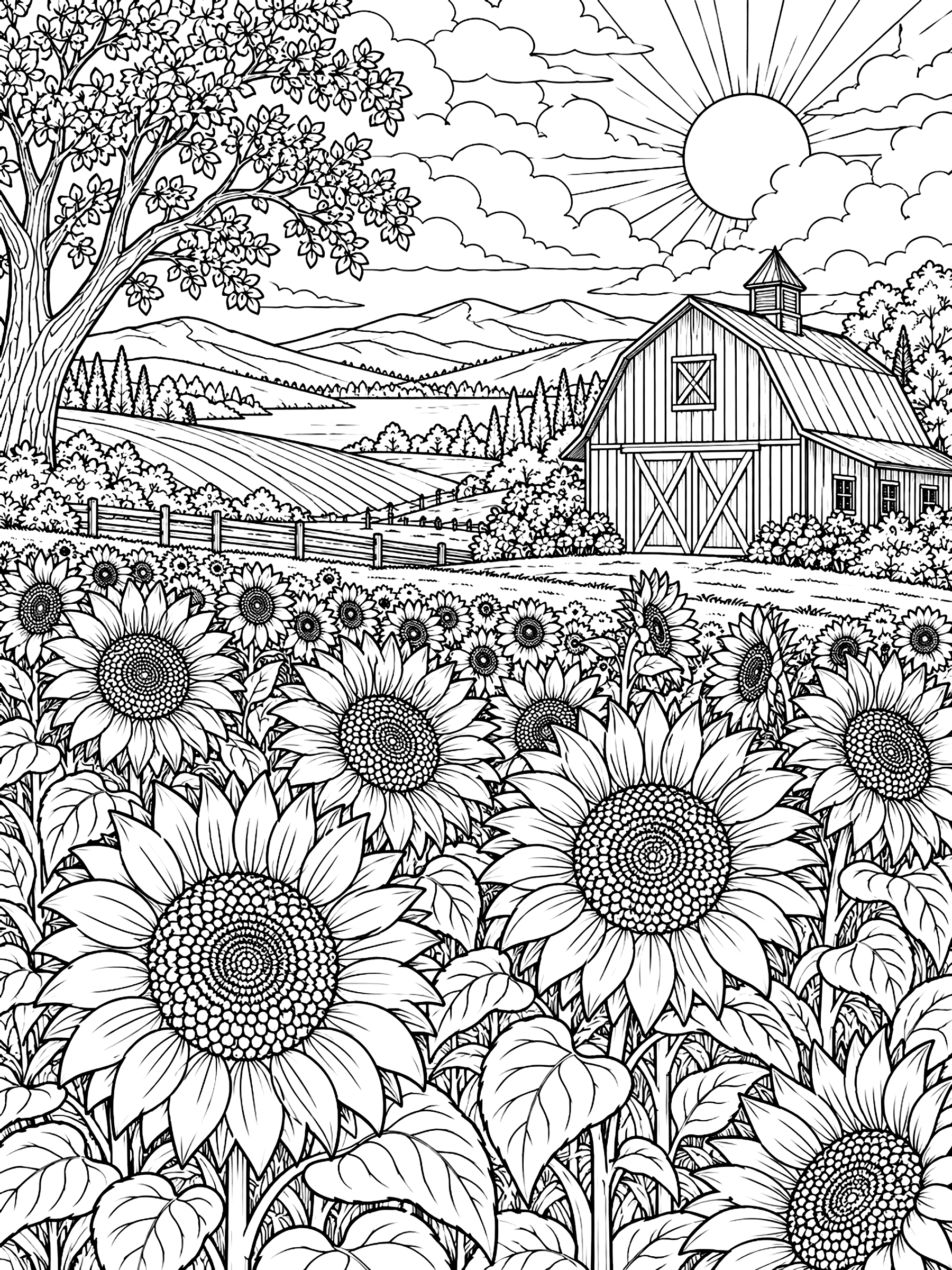 Detailed Sunflower field with a barn coloring page