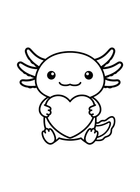 Easy Axolotl holding a heart coloring page