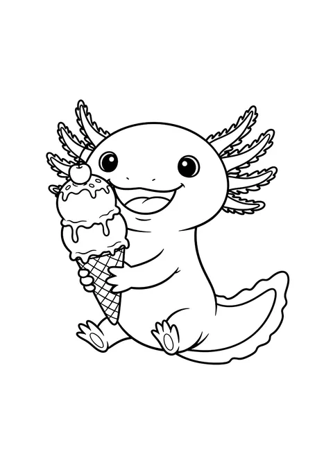 Easy Axolotl with ice cream coloring page