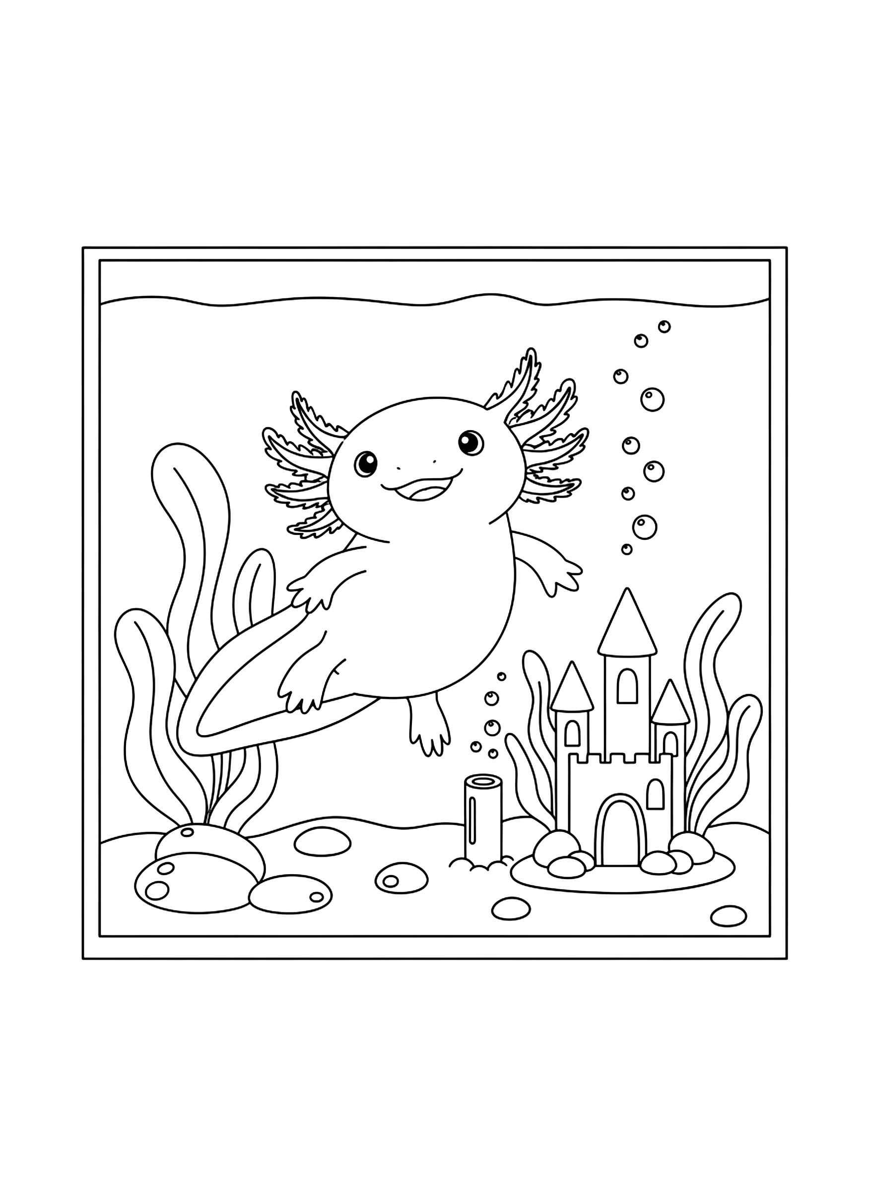 Axolotl in an aquarium coloring page